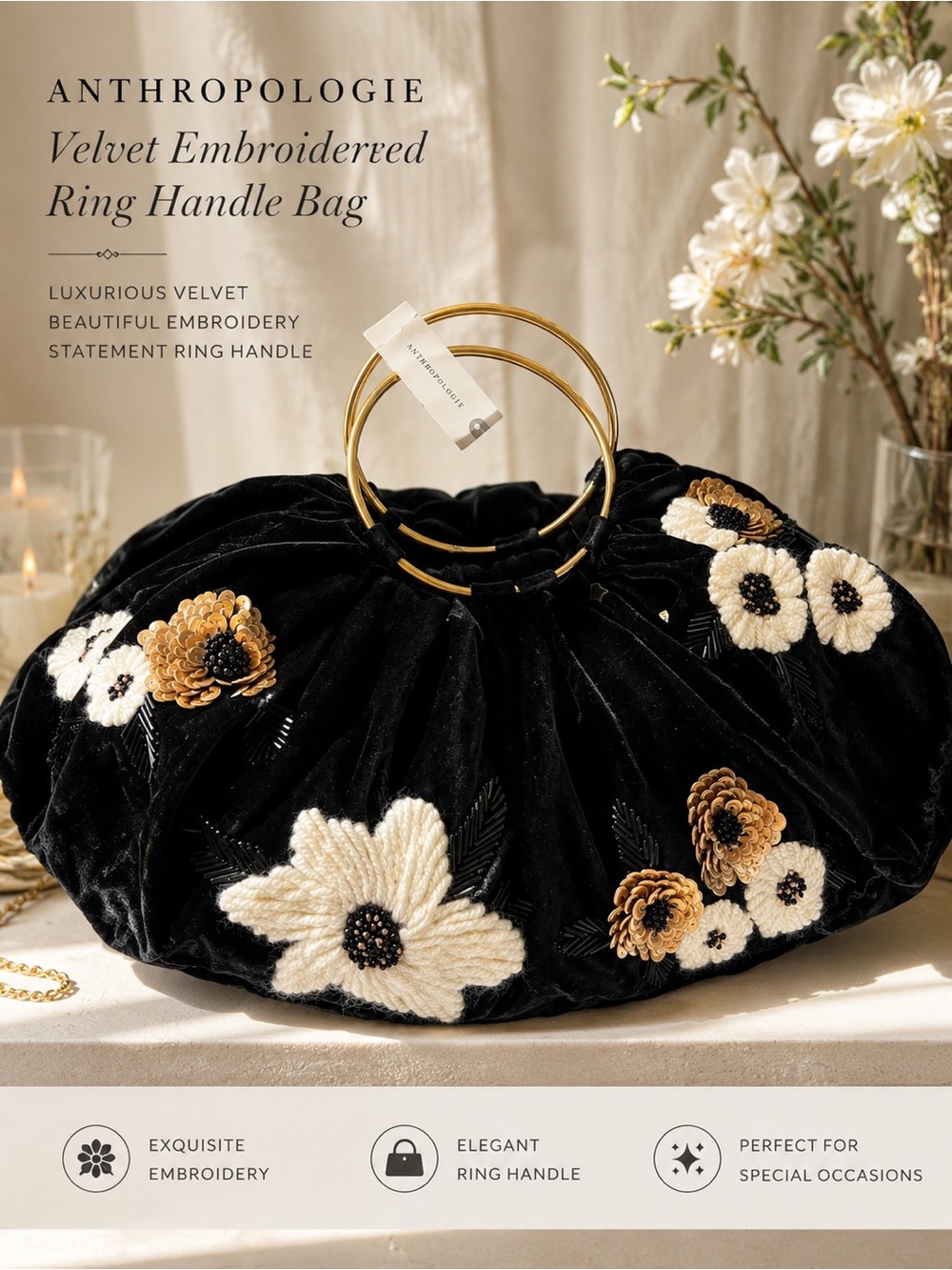 Anthropologie Velvet Embroidered Ring Handle Bag, New